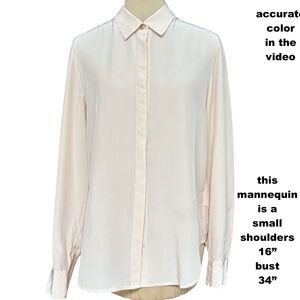 top DONNA KARAN blouse pink M fine silk button up long sleeve classic collared